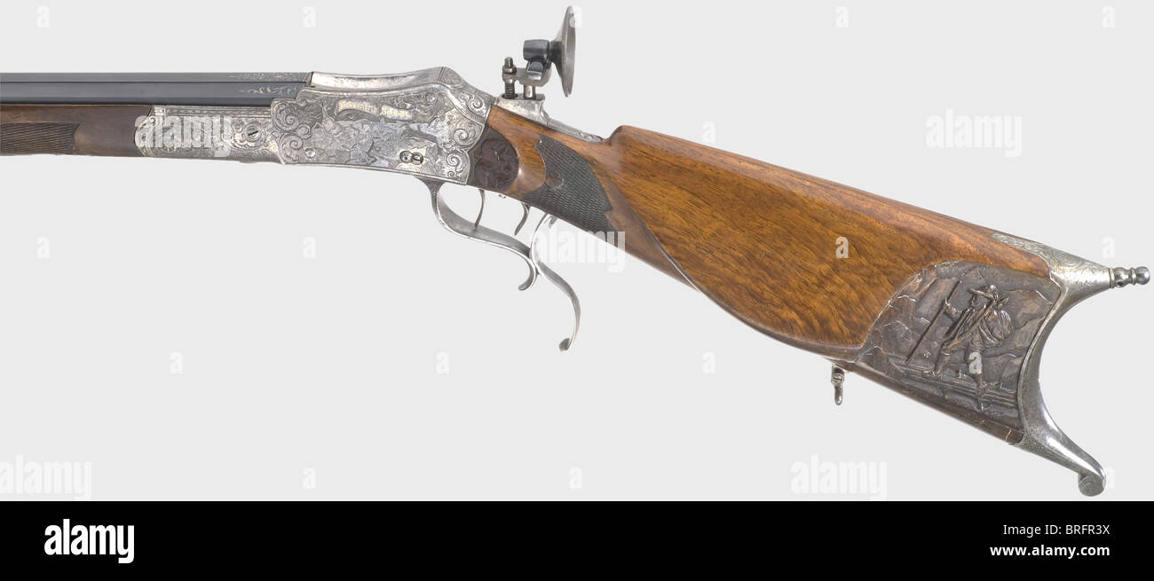 A fine breech-loading target rifle,Martini action. Henry Hatt,Aussersihl  near Zürich,circa 1880. Calibre 8.15 x 46 R. Number BY 4374. Octagonal  barrel,with the front half fluted. Light marks of corrosion about 10 cm