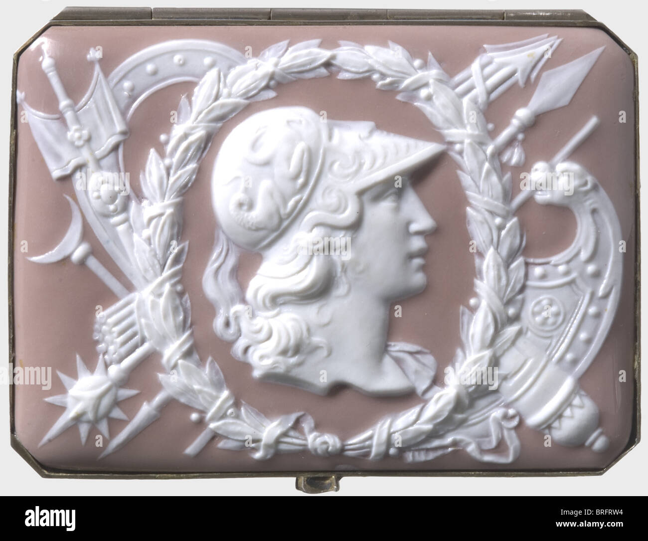 A snuff box, made by the Meissen Factory, end of the 19th century. Cameo type porcelain in relief, trophy compositions finished in mauve colours. Silver setting with remnants of gilding, hallmarked, '800' and 'VM'. A sword mark in underglaze on the back, half hidden by the hinge frame. Dimensions 90 x 65 x 40 mm. historic, historical, 19th century, handicrafts, handcraft, craft, object, objects, stills, clipping, clippings, cut out, cut-out, cut-outs, Additional-Rights-Clearences-Not Available Stock Photo