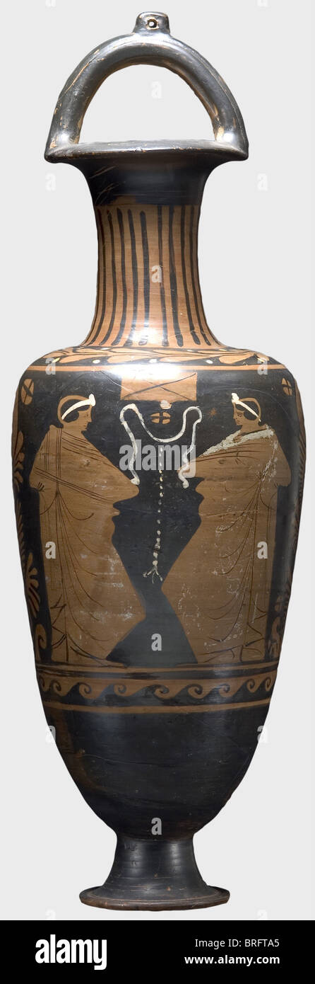 A Campanian amphora,a so-called 'basket-handle' amphora,4th century B.C.Tall,slender red and white figured,black varnished,vessel with a tall base and an openwork loop handle.The neck has vertical stripes over an olive branch wreath.On the front a respectable woman at her toilette with her maid above a Chalcidian warrior with a decorated helmet wearing a white chiton and a bronze belt,his right arm supported on a large circular shield,a woman walking toward him bearing a long band.The back displays two figures wrapped in long robes with headbands,ca,Additional-Rights-Clearences-Not Available Stock Photo