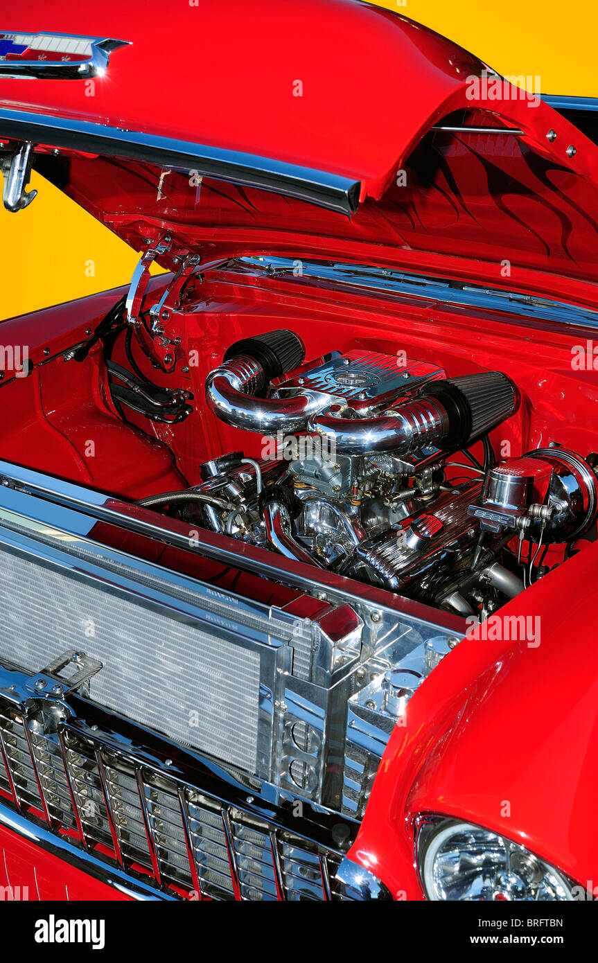Custom 1956 Chevy Bel Air modified with lots of engine chrome. Stock Photo