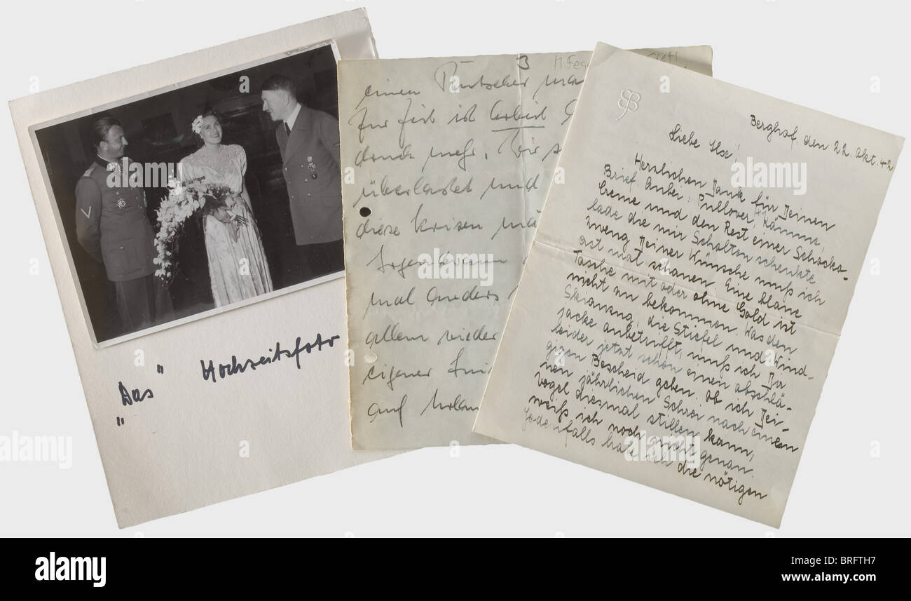 Eva and Gretel Braun.,A hand-written three page letter from Eva to her elder sister Ilse(1909 - 1979)on double sheet paper impressed with Eva's cloverleaf initial,dated 'Berghof 22.10.1942',referring to some things she wanted,(among them: pullover,combs,cream and the rest of a chocolate bar...)and describing her condition after dental surgery. Part of a letter(holes)in pencil from Hermann Fegelein(Eva's brother-in-law)to her sister Gretel,in which he complains about professional burdens. In addition a part of a photo album with 42 photographs of G,Additional-Rights-Clearences-Not Available Stock Photo