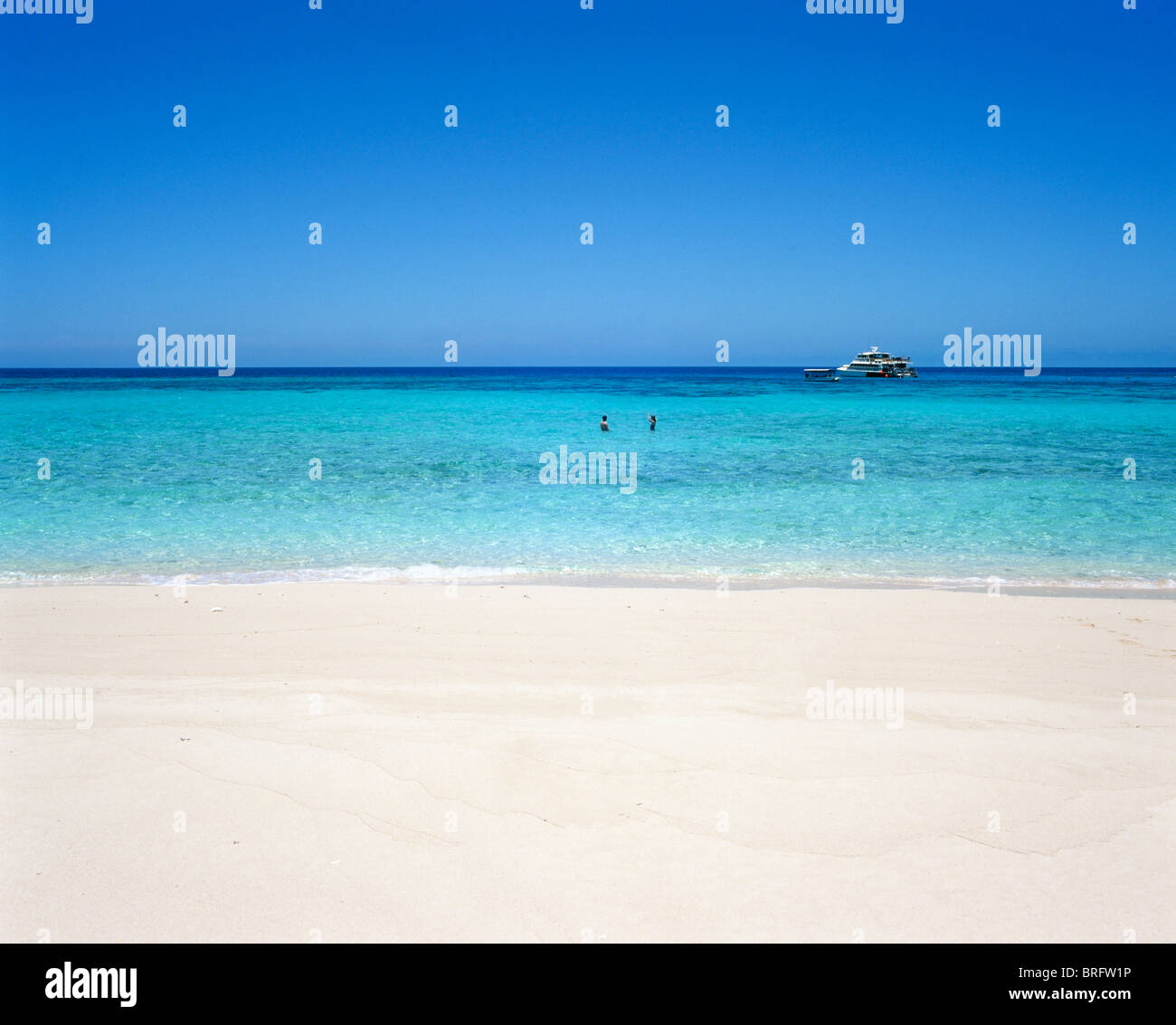 Sandbank with excursion boat in distance, Great Barrier Reef, Cairns, North Queensland, Australia Stock Photo
