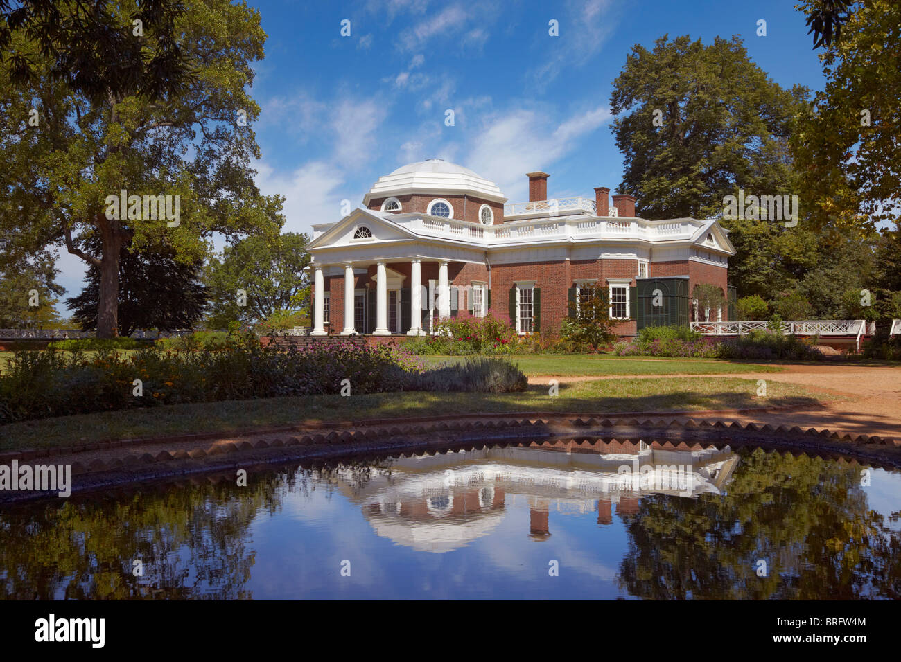 The Thomas Jefferson house viewed over the fish pond. Monticello