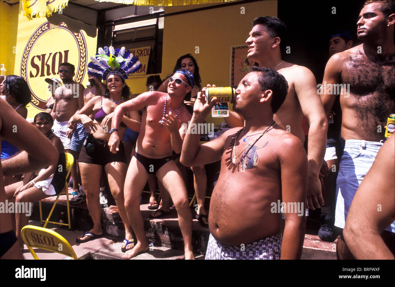 Men and women drinking and dancing during the "Boi Bumba" Amazon Carnival celebrations, Parintins, Brazil Stock Photo
