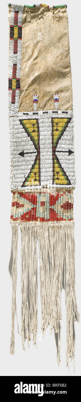 A pipe bundle of the Arapaho,circa 1880 Buckskin with lavish beadwork. It has coloured quillwork and long fringe decorating the bottom. Condition suitable to its age. Length with fringe 88 cm. Width 17 cm. Pipes played a great role in the cultural life of the Plains Indians,so that a protective case for such an important cultural object would also be highly valued.,historic,historical,19th century,American,America,ethnology,ethnicity,ethnic,object,objects,clipping,cut out,cut-out,cut-outs,commodity,commodities,utensil,utensils,fine arts,ar,Additional-Rights-Clearences-Not Available Stock Photo
