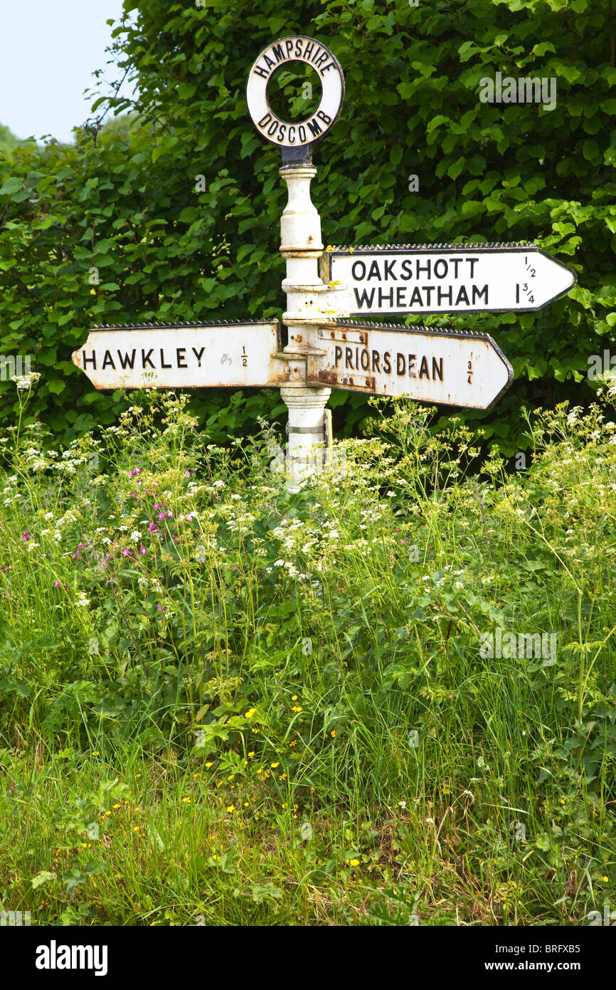 A signpost among wild flowers in the English countryside in summer Hampshire UK. Stock Photo