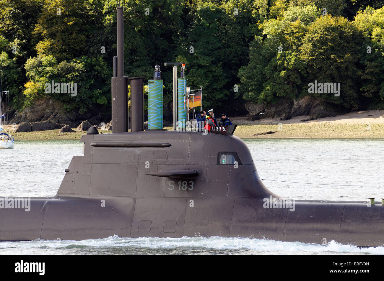 German Navy U33 submarine with officers on the conning tower of the vessel seen underway on the