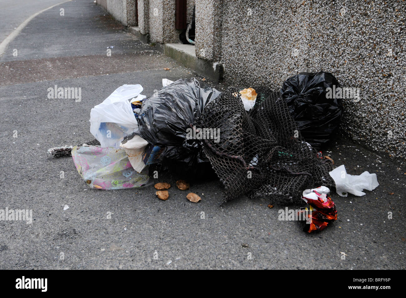 Rubbish bags attacked by seagulls Stock Photo