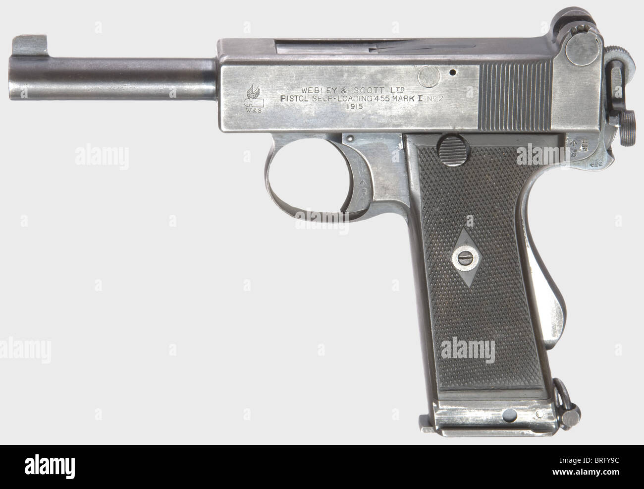 A Webley & Scott Mark I No. 2,Mod. 1912 RHA(Royal Horse Artillery),cal..455,no. 6396. Matching numbers. Bright bore. 1915 manufacture. 7-shot. Elevation stud from 50 - 200 yards,hammer safety,grip safety,slot for shoulder stock. Left on slide 3-line inscription 'Webley & Scott Ltd. / Pistol Self-Loading .455 Mark I No.2 / 1915'. Several broad arrow acceptances. Matt original finish,shady,left and right on slide partially thin. Black hard rubber grip panels. Magazine. Lanyard loop. Good to very good condition. Extremely rare pistol,total manufacture me,Additional-Rights-Clearences-Not Available Stock Photo