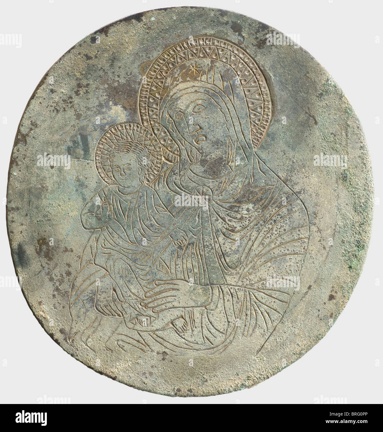 A late Byzantine picture of Mary, 13th/14th century, A.C. Bronze with a heavy greenish patina. Heavy, slightly oval disk with a finely engraved depiction of the Virgin Mother with the Christ Child and nimbus. Cleaned excavation discovery. Height 17 cm. historic, historical, 14th century, 13th century, Middle Ages, medieval, mediaeval, Byzantine Empire, Byzantium, clipping, cut out, cut-out, cut-outs, Additional-Rights-Clearences-Not Available Stock Photo