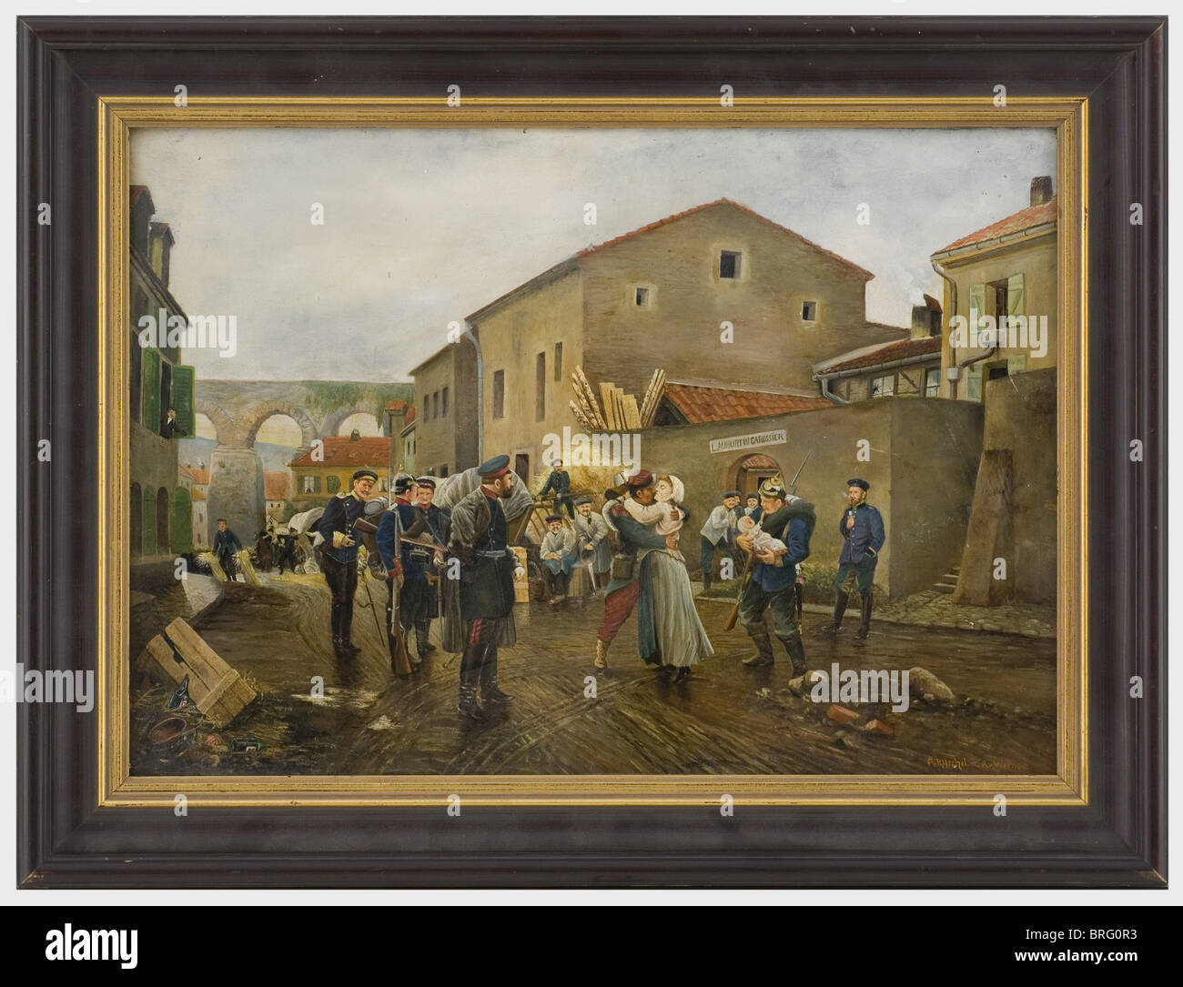 Taken captive,oil on sheet iron. Scene from the Franco-German War after the painting by Anton von Werner. In the foreground a farewell scene,attended by German soldiers from different branches of service. Signed on the lower right 'A. Ritschel nach A. v. Werner'. In profile trim frame. Picture size 50 x 35 cm,framed 60 x 46 cm. In his painting from 1870,Werner exemplarily portrays the story of the noble German trooper in the field. historic,historical,people,19th century,Prussian,Prussia,German,Germany,militaria,military,object,objects,stills,c,Additional-Rights-Clearences-Not Available Stock Photo