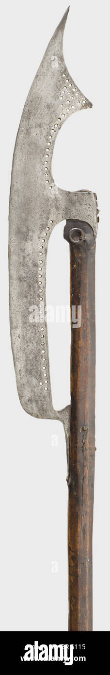 A Russian bardiche,17th/18th century Long,gently curved axe blade with decorative perforations. Short,polygonal socket,with the lower end of the blade fastened to the shaft. Original polygonal hardwood shaft,with two movable suspension rings on the side. Length 147 cm. Two similar examples may be found in the collection at the Deutsches Historisches Museum in Berlin. Cf. Müller and Kölling,Europäische Hieb- und Stichwaffen,No. 211 and 212.,historic,historical,,18th century,17th century,pole weapon,weapons,arms,weapon,arm,fighting device,milita,Additional-Rights-Clearences-Not Available Stock Photo
