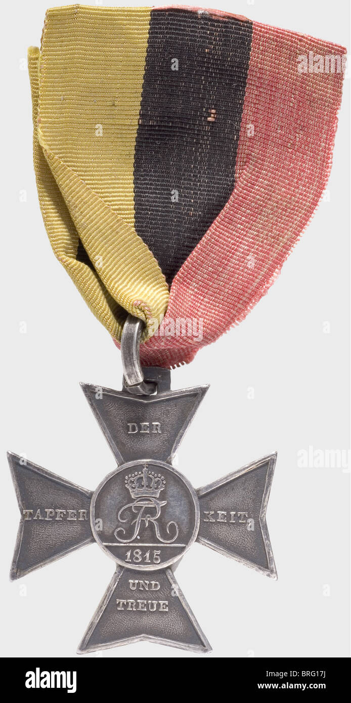 A Silver Honour Award,for the 1815 Campaign. Silver,one side struck,with wide suspension ring on an old ribbon. Of the utmost rarity - just 42 of these decorations were awarded,which had to be returned after the holder's demise. According to Nimmergut(Deutsche Orden und Ehrenzeichen,no. 4297)only three examples are presently known. historic,historical,19th century,medal,decoration,medals,decorations,badge of honour,badge of honor,badges of honour,badges of honor,object,objects,stills,clipping,clippings,cut out,cut-out,cut-outs,Additional-Rights-Clearences-Not Available Stock Photo