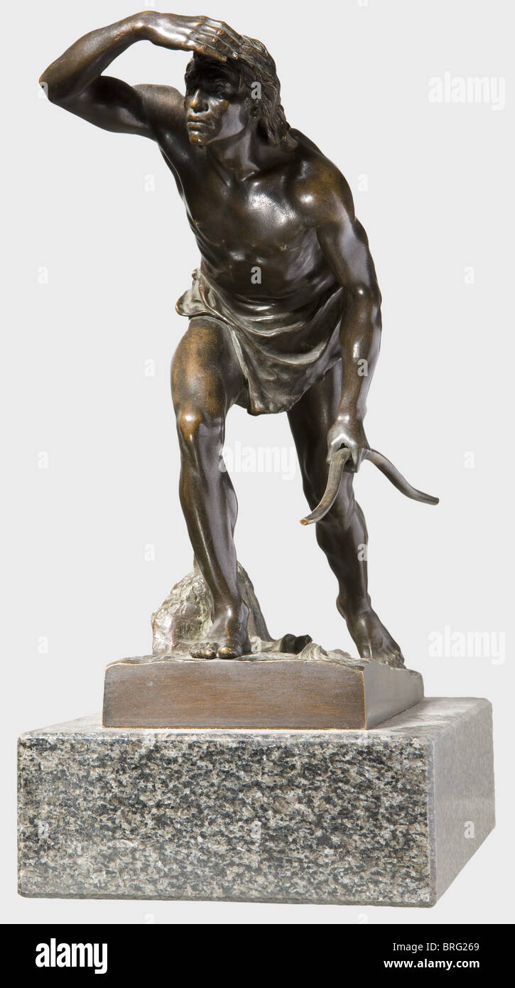 Josef Drischler (1838 - 1917) - a prehistoric hunter., Patinated bronze, prehistoric hunter with loincloth, holding a bow in his hand and looking for game. On a rectangular base, inscribed 'J. Drischler', grey-black marble plinth. Height 32 cm. Drischler worked in Berlin and especially focused on genre figures. In 1880 and 1892 he participated in the exhibitions of the art academy. fine arts, people, 19th century, fine arts, art, statuette, figurine, figurines, statuettes, sculpture, sculptures, object, objects, stills, clipping, clippings, cut out, c, Artist's Copyright has not to be cleared Stock Photo