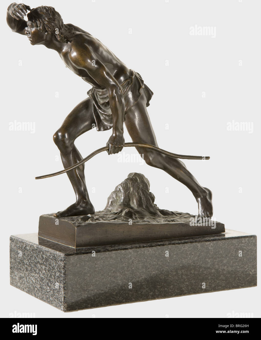 Josef Drischler (1838 - 1917) - a prehistoric hunter., Patinated bronze, prehistoric hunter with loincloth, holding a bow in his hand and looking for game. On a rectangular base, inscribed 'J. Drischler', grey-black marble plinth. Height 32 cm. Drischler worked in Berlin and especially focused on genre figures. In 1880 and 1892 he participated in the exhibitions of the art academy. fine arts, people, 19th century, fine arts, art, statuette, figurine, figurines, statuettes, sculpture, sculptures, object, objects, stills, clipping, clippings, cut out, c, Artist's Copyright has not to be cleared Stock Photo