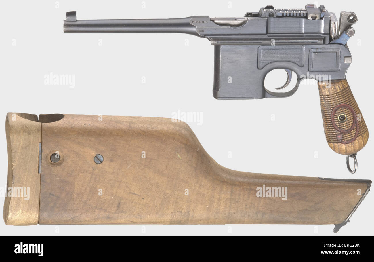 A Mauser C 96/16,calibre 9 mm Parabellum,no.87103.Matching numbers including grip panels.Almost bright bore.Proof mark: double crown/'U',acceptance: crown/'D' and heraldic imperial eagle on front of magazine plate.Complete original bluing with minimal shoulder stock marks.Small parts blued.Hammer stained grey.Walnut grip panels.Lanyard loop.Complete with shoulder stock and matching numbers from walnut,fittings blued,spotty.Condition of shoulder stock can be improved by gentle cleaning.As new overall condition.Erwerbsscheinpflichtig.historic,,Additional-Rights-Clearences-Not Available Stock Photo