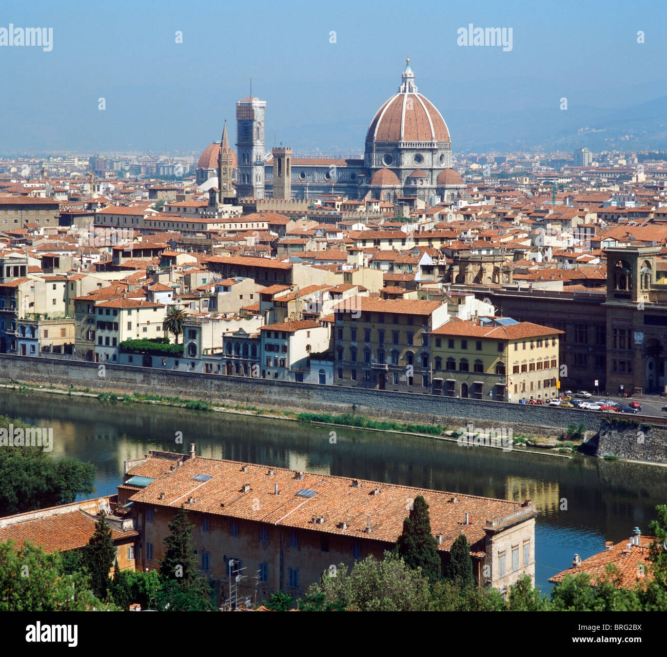 Basilica di Santa Maria del Fiore (Duomo) and River Arno from Piazzale Michelangelo, Florence, Tuscany, Italy Stock Photo