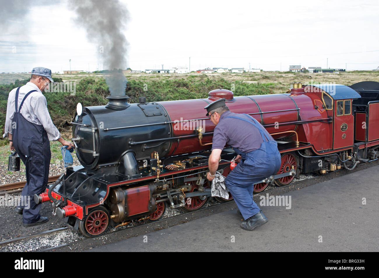 One-thirds scale steam locomotive 'Hercules' operating on the Romney, Hythe and Dymchurch railway, Dungeness, Kent, England. Stock Photo