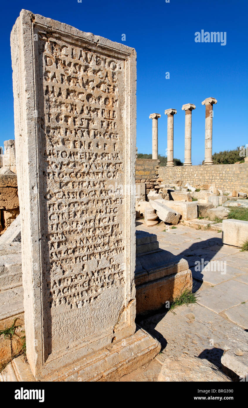 Bilingual engravings on a pillar the the Old Forum, Leptis Magna, Libya Stock Photo