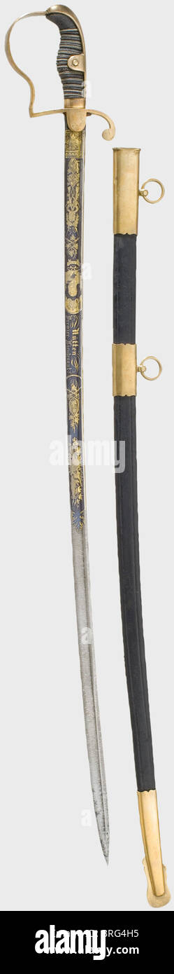 A magnificent presentation Fusilier sabre for First Lieutenant Nütten,of the Lower Rhine Fusilier Regiment,No.39.Slightly curved pipe-backed Damascus blade with yelmen,more than half the blade length decorated with fine gilded ornamental etching on a blued background.The obverse side is inscribed,'Nütten Premier-Lieutenant',above a crowned of the Kaiser and the name scroll 'Wilhelm I.'.The reverse side has the dedication cartouche,'Zum Andenken v.d.4ten Comp.d.Landwehr-Uebungs-Batallion Neuß i.d.Zeit vom 9 - 20 Mai 1876'(In Memory of the 4th Co.,Additional-Rights-Clearences-Not Available Stock Photo