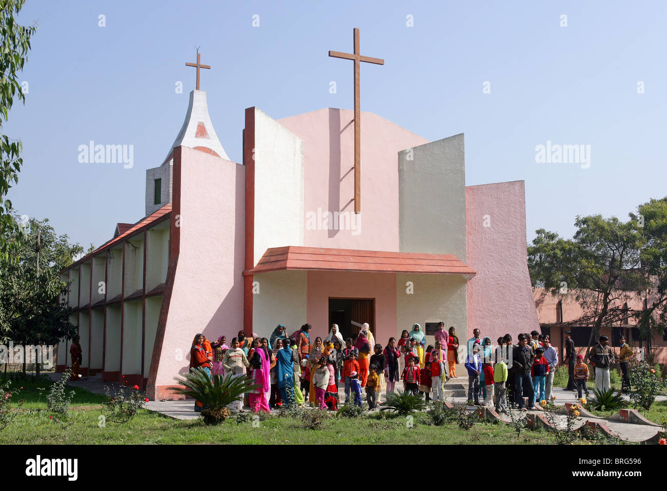 Sunday service in a catholic church in Rampur Region, Uttar Pradesh, India Stock Photo
