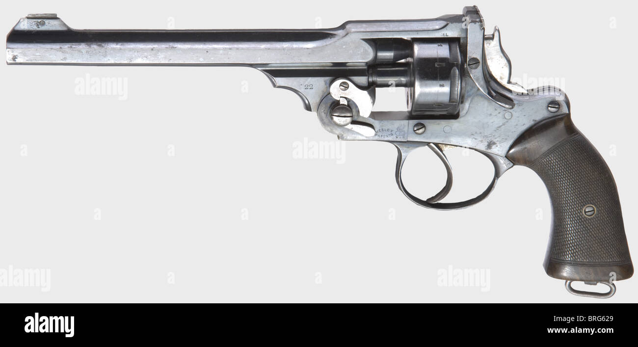 A Webley W.G.1896 target mod.in calibre .22 l.r.,no.21701.Matching numbers.Bright,bedded special bore,length 8.375'.6-shot.Adjustable sight.Short,smooth drum.Hammer without spur but with movable striking piece.Therefore shooting only possible by cocking the trigger.On the barrel rib marked 'P.WEBLEY & SON.LONDON & BIRMINGHAM',left on barrel housing '.22',at bottom on frame 'Webley Patents' with logo.Complete original blueblack high gloss finish with few spots.Small parts nickel-plated.Flawless dark brown walnut grip panels.Lanyard loop.A,Additional-Rights-Clearences-Not Available Stock Photo