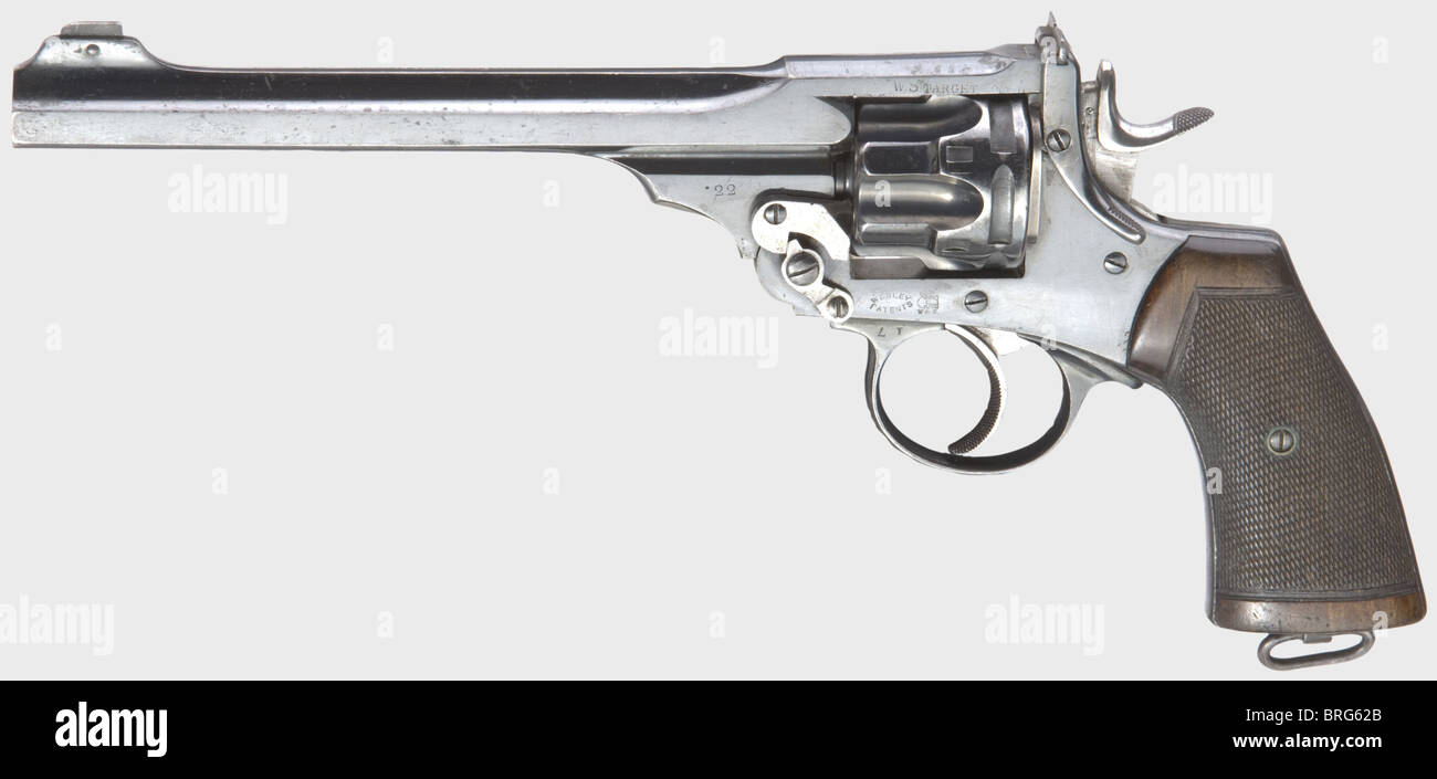 A Webley W.S.target model in calibre .22 l.r.,(W.S.= Webley Service),no.127223.Matching numbers.Bright bore,bedded barrel,length 7.5'.6-shot.Adjustable sight.Stepped,fluted drum.Ribbed target trigger.On barrel rib marked 'P.WEBLEY & SON.LONDON & BIRMINGHAM.',left on barrel housing '.22',at bottom on frame 'Webley Patents' with logo.Almost complete original blueblack high gloss finish with weak wear marks.Small parts nickel-plated.Dark brown walnut grip panels.Lanyard loop.Almost new condition.Very rare.This revolver is illustrated and ,Additional-Rights-Clearences-Not Available Stock Photo