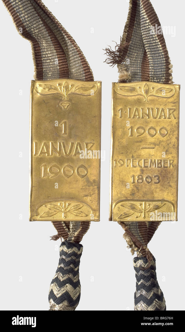 A banner finial and the accessories for an infantry flag,of the I battalion of the Fusilier Regiment Field Marshal Prince Albrecht of Prussia(Hanoverian)No. 73 A lance-shaped,gilded bronze,banner finial,bearing a riveted Grand Cross of the Iron Cross in a laurel wreath,iron withsilver edging. Iron core broken by force,edging bent,restorable. Height 23 cm. The finial of the I./I.R. 73 bears the iron cross as granted to those battalions that fought in 1870/71. The banner streamer is attached to the point,consisting of one black-silver striped ribbon and,Additional-Rights-Clearences-Not Available Stock Photo
