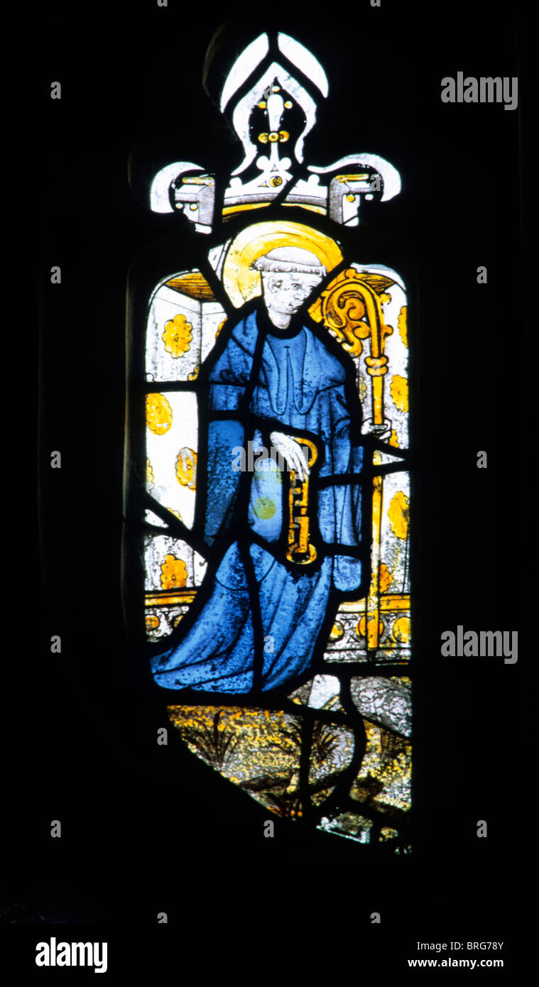 North Tuddenham, Norfolk, 15th century stained glass window windows English saint saints England UK Saint St. Leonard with chain Stock Photo
