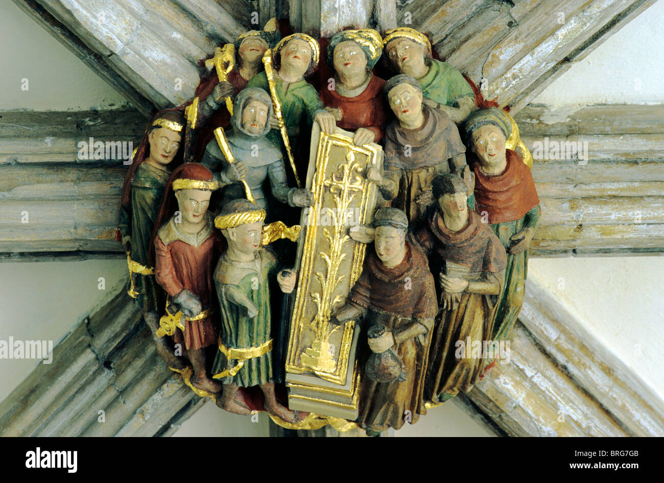 Norwich Cathedral Cloisters, medieval roof boss bosses Norfolk England UK English stone carving carvings resurrection of christ Stock Photo