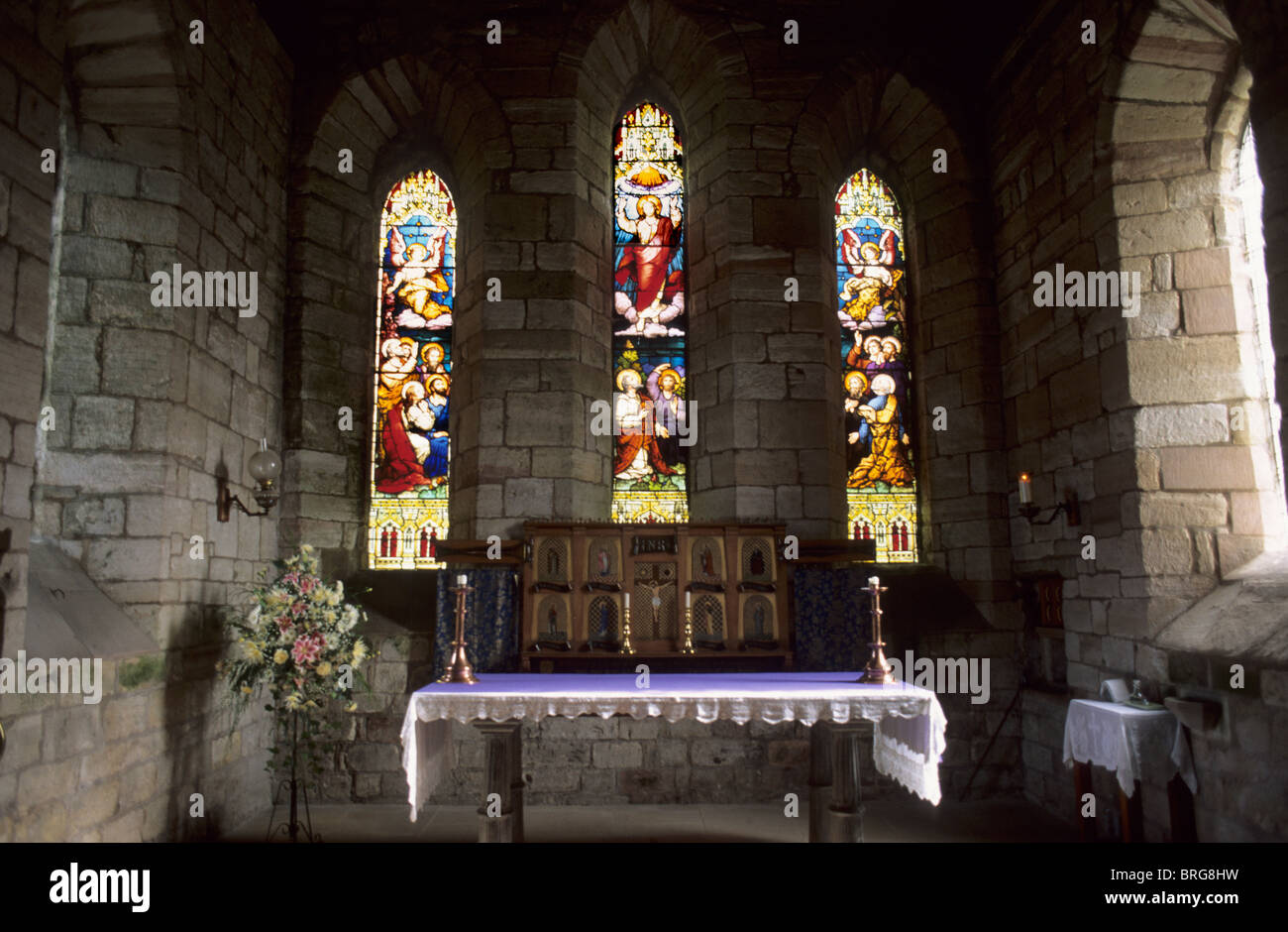 Holy Island, altar and east window of parish church Northumberland