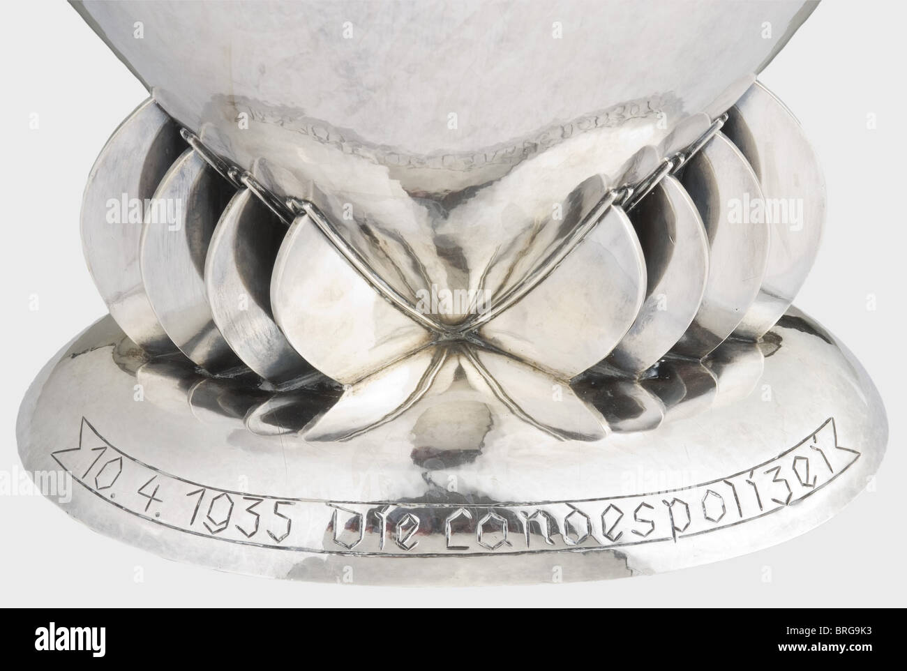 Hermann Göring - Emmy Sonnemann,a wedding present of the Prussian police force 1935 Large,hand-hammered silver vase with engraved emblem of the Prussian police with banner(transl.)'God with us!' and the dedication inscription(transl.)'To our General Göring - 10.4.1935 the Prussian Police'. Master mark 'HJ Wilm Berlin',master monogram 'FR',on the base the company mark 'H.J. Wilm Berlin',(transl.)'hand beaten' and '925',Height 38 cm. Width 33 cm,weight 3600 g. Provenance: Keith Wilson Collection,Kansas City. Göring's wedding with the famous actress E,Additional-Rights-Clearences-Not Available Stock Photo
