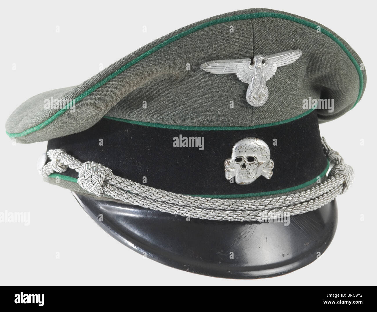 A visor cap for leaders,of mountain troops Privately purchased field grey Italian gabardine with black velvet band and dark green piping. Silver-plated metal accessories,silver cord,slate-coloured liner with maker's mark 'Marke Hochland',brown leather sweatband. Cover smudged. Size 57.,historic,historical,1930s,1930s,20th century,Waffen-SS,armed division of the SS,armed service,armed services,NS,National Socialism,Nazism,Third Reich,German Reich,Germany,military,militaria,utensil,piece of equipment,utensils,object,objects,stills,clip,Additional-Rights-Clearences-Not Available Stock Photo