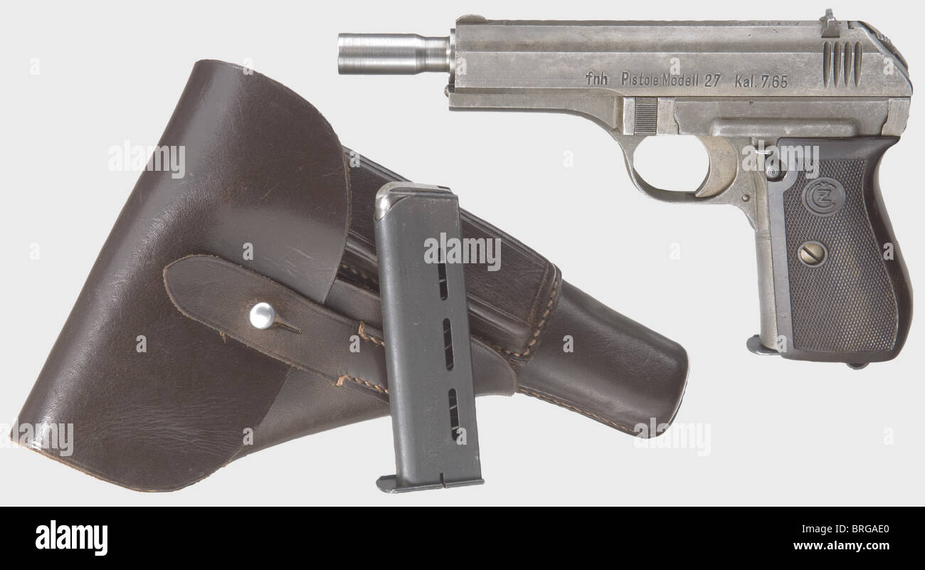 A CZ Mod.27,phosphatized,with silencer barrel and holster,calibre 7.65 mm,no.458127.Matching numbers.Bright bore,length 130 mm,with proof mark and acceptance eagle/'WaA76'.Late slide inscription 'fnh Pistole Modell 27 Kal.7,65'.Right on frame acceptance eagle/'WaA76'.Produced approx.at the beginning of 1945.Complete original and thin grey-green phosphate coating of all parts.Small parts strawed.Faultless dark brown bakelite grip panel,likewise magazine.As new condition.Complete with the extremely rare special holster for this weapon made of,Additional-Rights-Clearences-Not Available Stock Photo