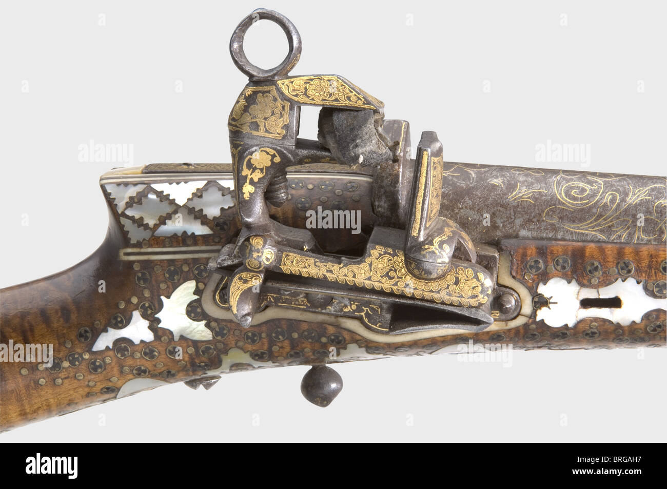 A gold-inlaid Caucasian miquelet flintlock rifle,middle of the 19th ...