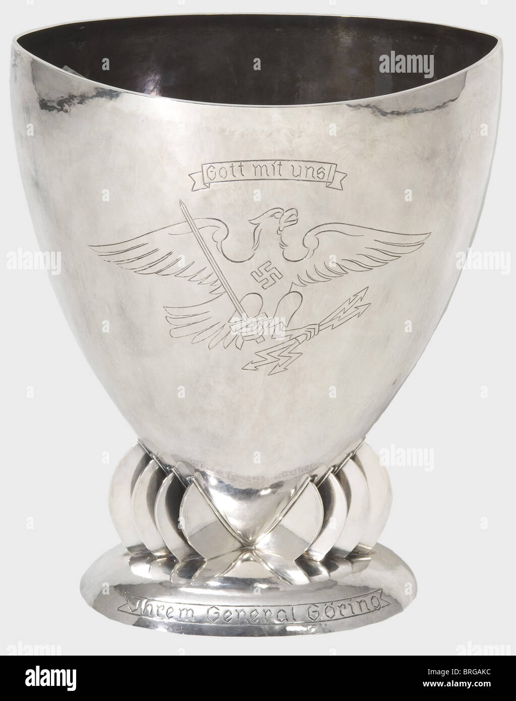 Hermann Göring - Emmy Sonnemann,a wedding present of the Prussian police force 1935 Large,hand-hammered silver vase with engraved emblem of the Prussian police with banner(transl.)'God with us!' and the dedication inscription(transl.)'To our General Göring - 10.4.1935 the Prussian Police'. Master mark 'HJ Wilm Berlin',master monogram 'FR',on the base the company mark 'H.J. Wilm Berlin',(transl.)'hand beaten' and '925',Height 38 cm. Width 33 cm,weight 3600 g. Provenance: Keith Wilson Collection,Kansas City. Göring's wedding with the famous actress E,Additional-Rights-Clearences-Not Available Stock Photo
