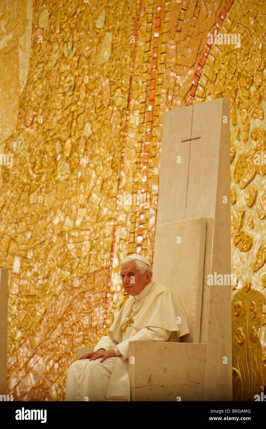 Pope Benedict XVI sitting at the Church of the Holy Trinity in the Our Lady of Fatima shrine in Portugal, May 2010 Stock Photo
