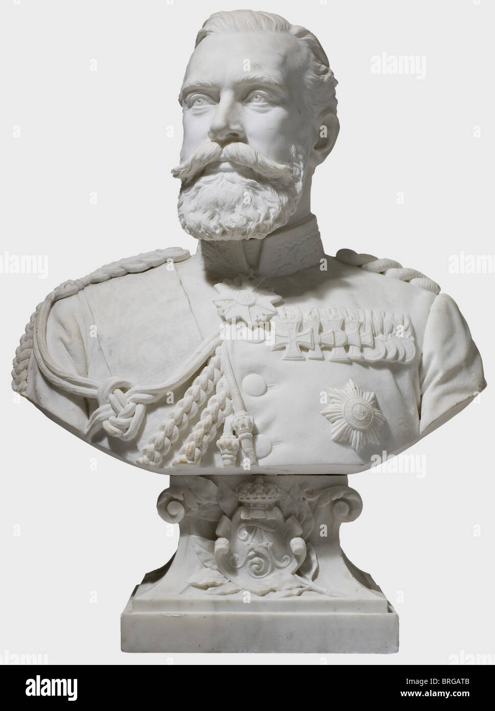 Fritz Heinemann (1864 - 1932), a bust of Kaiser Friedrich III White marble. The Kaiser in the full-dress uniform of a general with medal decoration. On finely worked socle, the front with crowned letters 'FA'(?) on laurel branch. Height 75 cm. Heinemann studies at the Art Academy in Nuremberg and later in Berlin. Portraits of distinguished personalities of German history as well as paintings of the German monarchs form an important part of his oeuvre., people, 19th century, Prussian, Prussia, German, Germany, militaria, military, object, objects, stills, clippi, Stock Photo