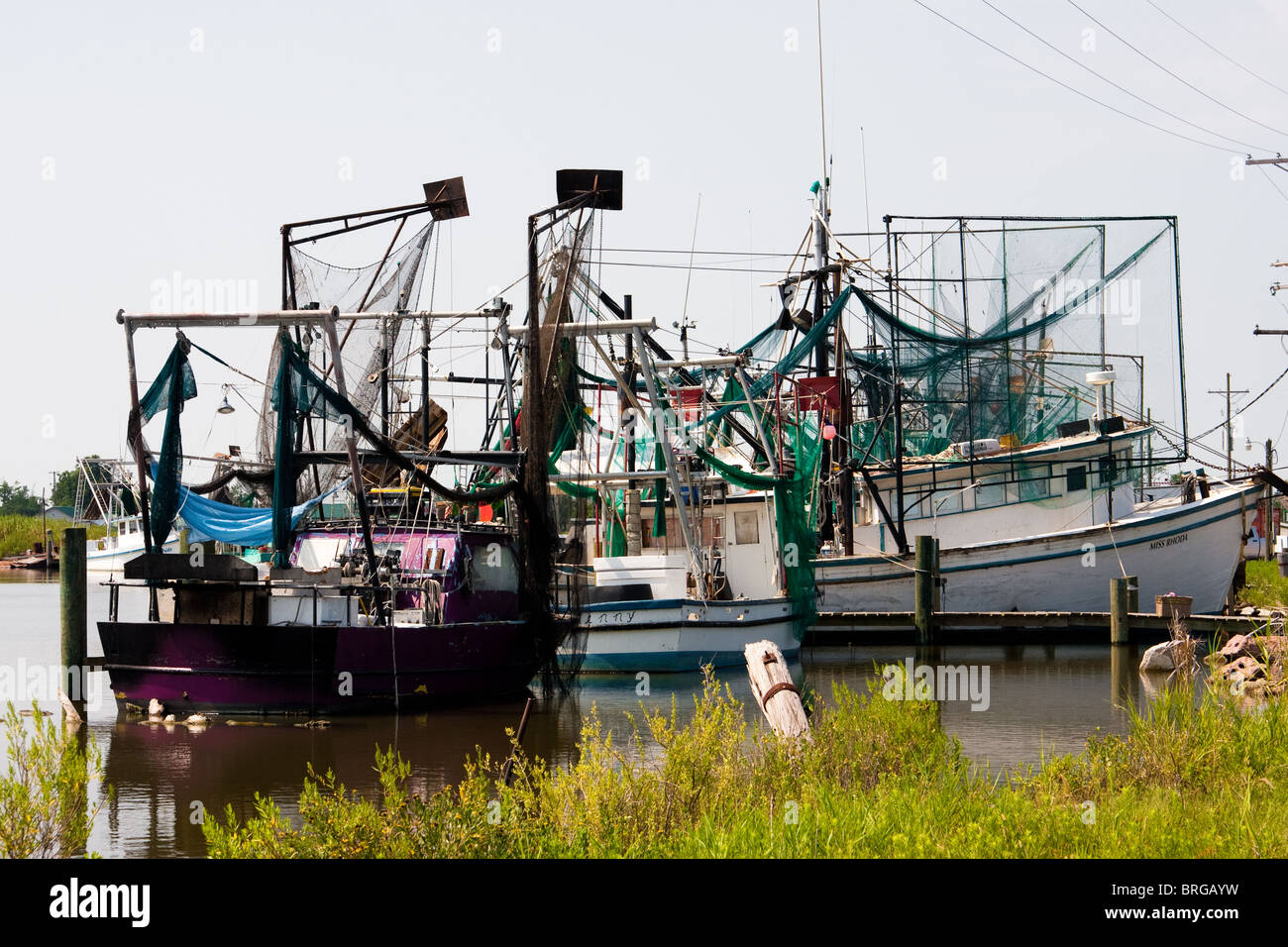 Shrimp boats docked in Hackberry, Louisiana near Calcasieu Lake Stock