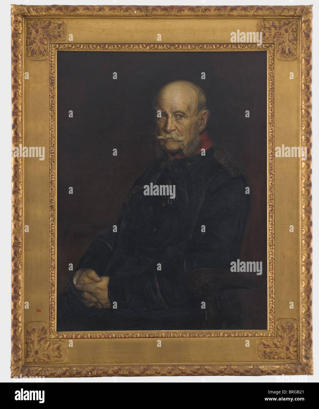 Kaiser Wilhelm I (1797 - 1888), an unsigned portrait painting, circa 1880 Oil on canvas. Half portrait, the seated emperor in uniform wearing the Pour le mérite and the Iron Cross. Gilt frame with reliefed foliage decoration. Nice work from the period of the Kaiser's reign., people, 19th century, Prussian, Prussia, German, Germany, militaria, military, object, objects, stills, clipping, clippings, cut out, cut-out, cut-outs, painting, paintings, picture, pictures, illustrations, fine arts, art, man, men, male, Stock Photo