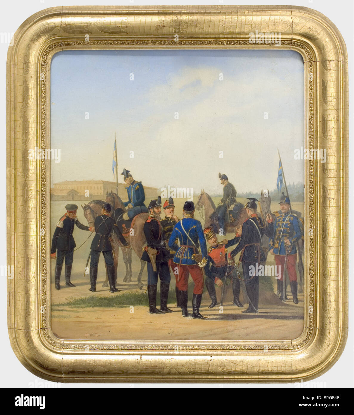 The Russian Army,ca. 1850/60,circle around Karl Karlovitch Piratsky(1813 - 1871)Oil on lithographed artwork and canvas. Members of various infantry regiments,Hussars and Uhlans in front of a barrack. Unsigned. Small colour chipping and restoration. 41 x 37 cm. Very fine work with nice gold-leaf wood frame(small tears)51 x 46.5 cm. On verso old collector's number. Karl Karlovitch Piratsky,famous uniform and court painter of Tsar Alexander II. Cf. W.M. Glinka,Russische Militäruniformen vom 18. bis 20. Jahrhundert,with figures of four uniform plates of P,Additional-Rights-Clearences-Not Available Stock Photo