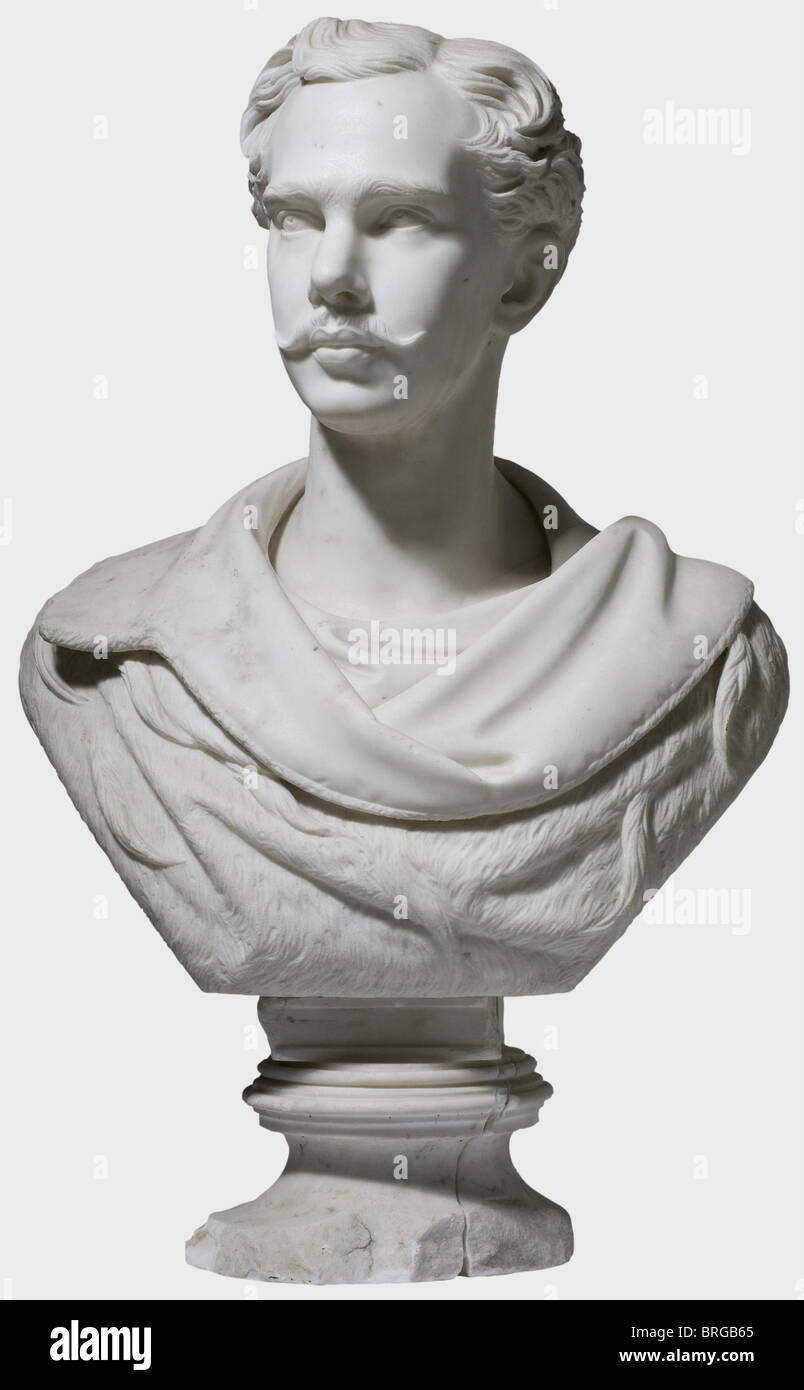 Kaiser Franz Joseph I of Austria, a marble bust by Johann von Halbig (1814 - 1882) Portrayal of the young emperor in his mid-20s, approx. the age when he married Elisabeth of Bavaria. Shoulders covered by an ermine trimmed coat. Back with inscription (transl.) "Modelled from life and hewn in marble by Joh. Halbig. München 1854". Height 72 cm. King Ludwig I of Bavaria commissioned Johann von Halbig with portraits for the Walhalla. The artist also worked for Max II and Ludwig II, painting a portrait of Max II and Queen Marie for the throne room in Munich. He also, Stock Photo