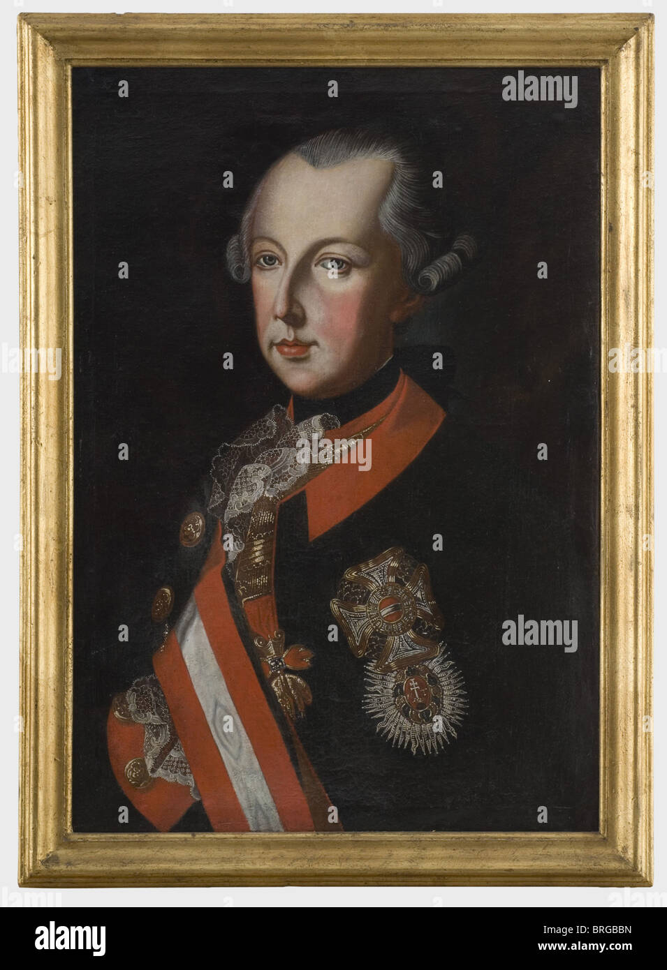 Kaiser Joseph II of Austria (1741 - 1790), a bust portrait of the Kaiser in uniform, circa 1765 Contemporary office portrait of the Kaiser in uniform with the Order of the Golden Fleece, the Military Order of Maria Theresia and the Order of Saint Stephen. Oil on canvas, 64 x 44 cm, unsigned. Small, restorable tear and old mended tear. Newer frame., people, 18th century, object, objects, stills, clipping, clippings, cut out, cut-out, cut-outs, painting, paintings, picture, pictures, illustrations, fine arts, art, man, men, male, Stock Photo