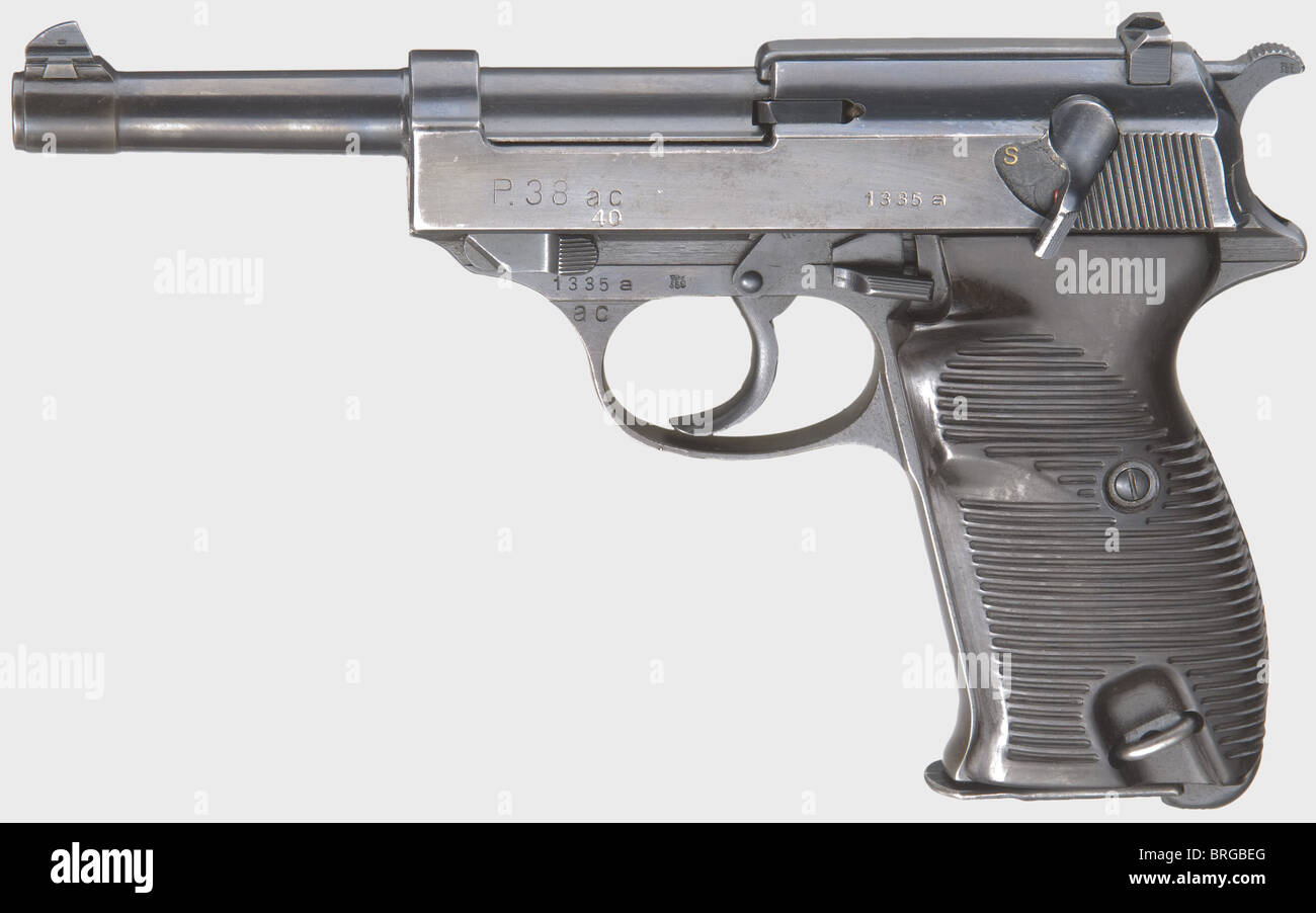 A Walther P 38,code 'ac 40 added',calibre 9 mm Parabellum,no.1335a.Matching numbers.Almost bright bore.Manufactured approx.November 1940.Extra no.'40' on front slide under 'ac' code was only engraved after bluing.Even small parts carry eagle/'359' acceptance.Original high gloss finish with light wear marks almost only on slide edges.Faultless dark brown bakelite grip panels .Magazine with matching numbers.with double acceptance eagle/'359'.A very rare P 38 in almost new condition from a total manufacture of only approx.5700 weapons.Erwerbssche,Additional-Rights-Clearences-Not Available Stock Photo