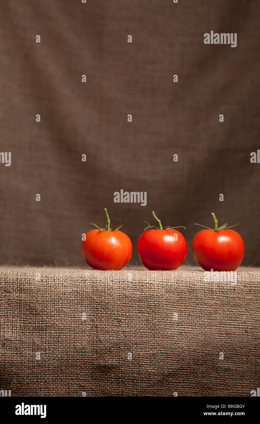 Tomatoes resting on Farmer's Hessian (Burlap) cloth Stock Photo