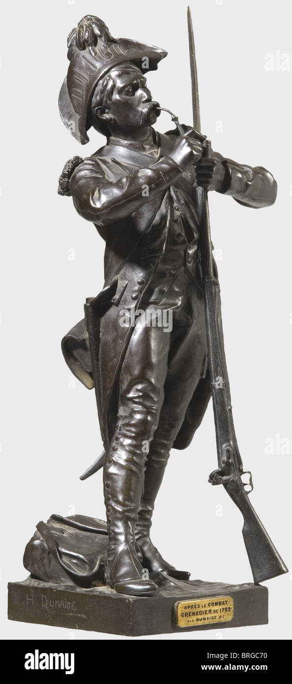 After the battle, a bronze after Henry Etienne Dumaige (1830 - 1888), ca. 1870 An infantryman lighting his pipe, holding his musket in the crook of his arm, backpack at his feet. Square base, on one side inscription 'Après le combat Grenadier de 1792 Par Dumaige. H.C.'. Height 66 cm. Lifelike portrayal of a veteran of the French Revolutionary Wars. Dumaige was a pupil of Feuchère and Dumont. He achieved his first public success with a sculpture displayed at the Paris Salon in 1862. Some of his larger works can be found in Tours and Paris., fine arts, , Artist's Copyright has not to be cleared Stock Photo