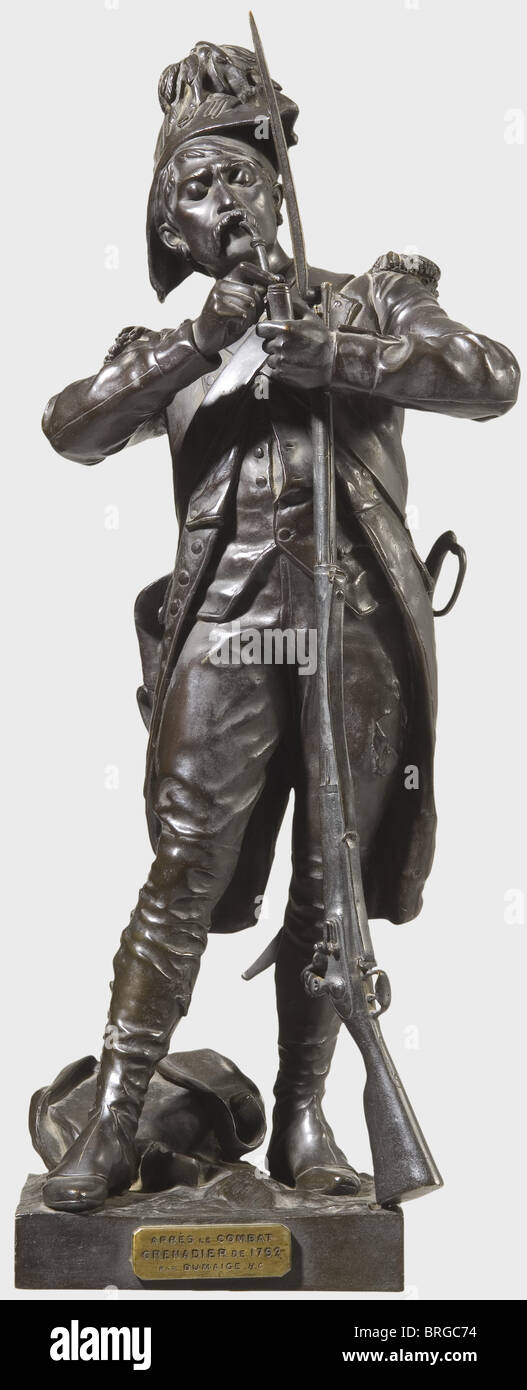 After the battle, a bronze after Henry Etienne Dumaige (1830 - 1888), ca. 1870 An infantryman lighting his pipe, holding his musket in the crook of his arm, backpack at his feet. Square base, on one side inscription 'Après le combat Grenadier de 1792 Par Dumaige. H.C.'. Height 66 cm. Lifelike portrayal of a veteran of the French Revolutionary Wars. Dumaige was a pupil of Feuchère and Dumont. He achieved his first public success with a sculpture displayed at the Paris Salon in 1862. Some of his larger works can be found in Tours and Paris., fine arts, , Artist's Copyright has not to be cleared Stock Photo