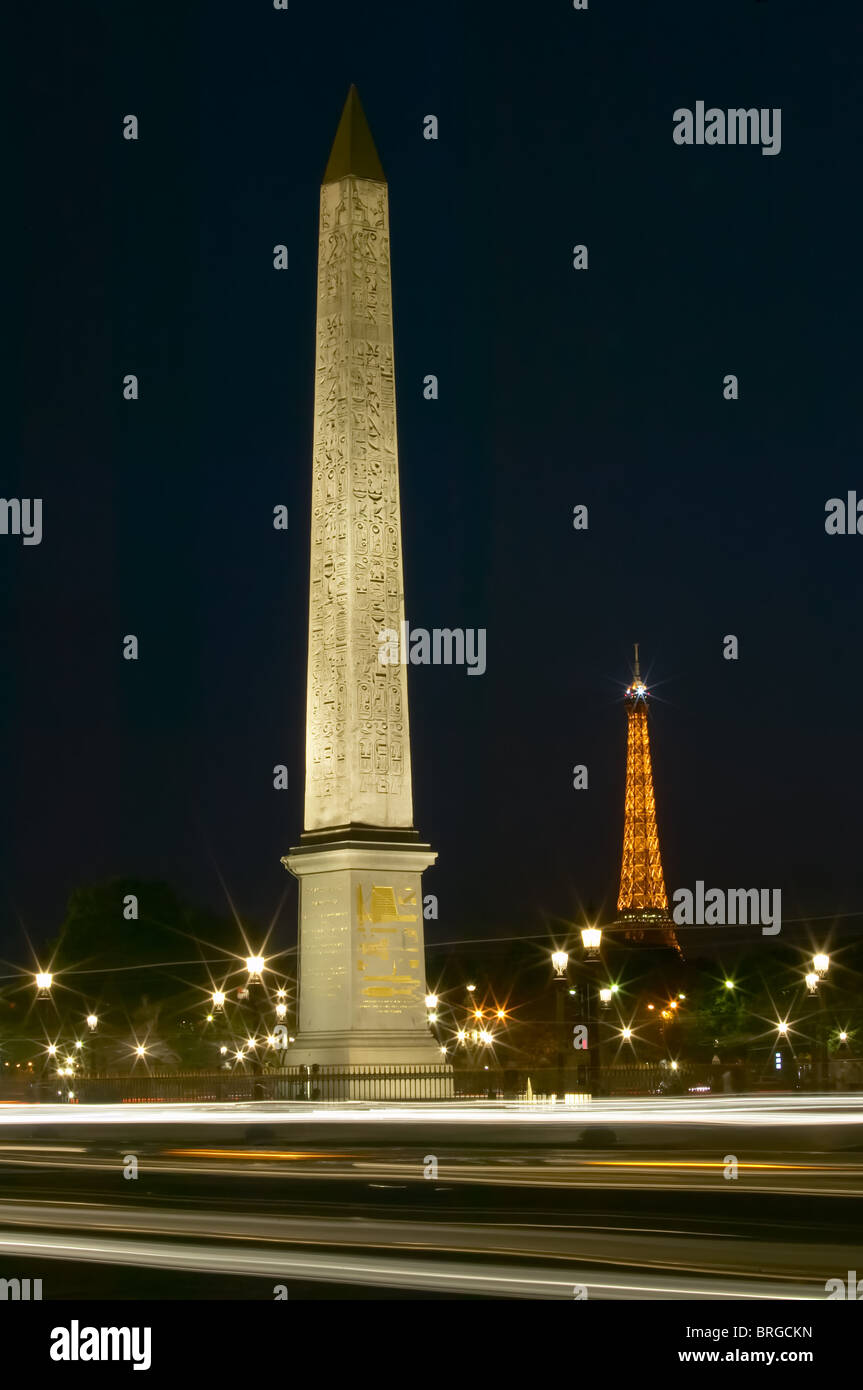 Obelisk of Luxor and Eiffel Tower from the Place de la Concorde at night, Paris, France Stock Photo