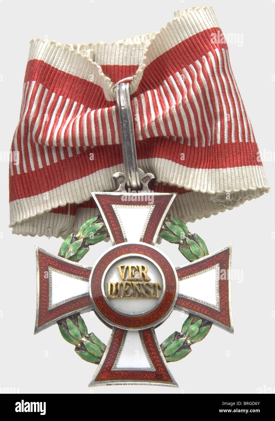 Austrian Military Merit Cross, a 2nd Class Cross with War Decoration Silver and enamel with the motto in gold. Fineness mark '900' on the eyelet (Diana 2A) and 'RS' for Rudolf Souval, 'R. Marschall' on lower cross arm. The suspension ring punched 'A3' for 800 silver. The 40 mm neck ribbon is included. Perfect condition., historic, historical, 19th century, medal, decoration, medals, decorations, badge of honour, badge of honor, badges of honour, badges of honor, object, objects, stills, clipping, clippings, cut out, cut-out, cut-outs, Additional-Rights-Clearences-Not Available Stock Photo