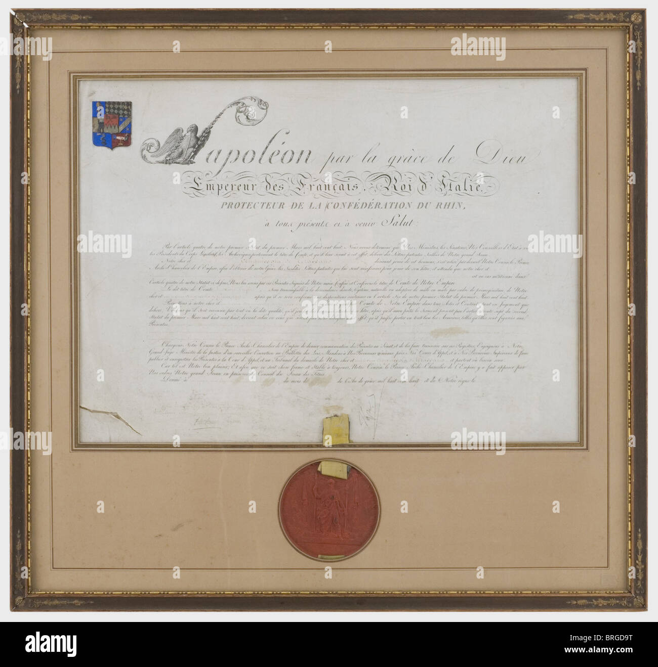 Emperor Napoleon I, the great patent of nobility for Fran‡ois Anguissola de Grassano The award of the title of Count 'Anguissola de Grassano' to the imperial senator, presented at Schönbrunn on 29 September 1809. Autograph signature in dark ink 'Napol' and the signature of Chancellor Cambacères. Large format parchment certificate with a red wax seal set in the centre bearing a portrait of Napoleon and surrounded by the inscription, 'Napoleon Empereur des Fran‡ais'. The noble's coat of arms is hand painted in the upper left corner. The handwritten entries have f, Stock Photo